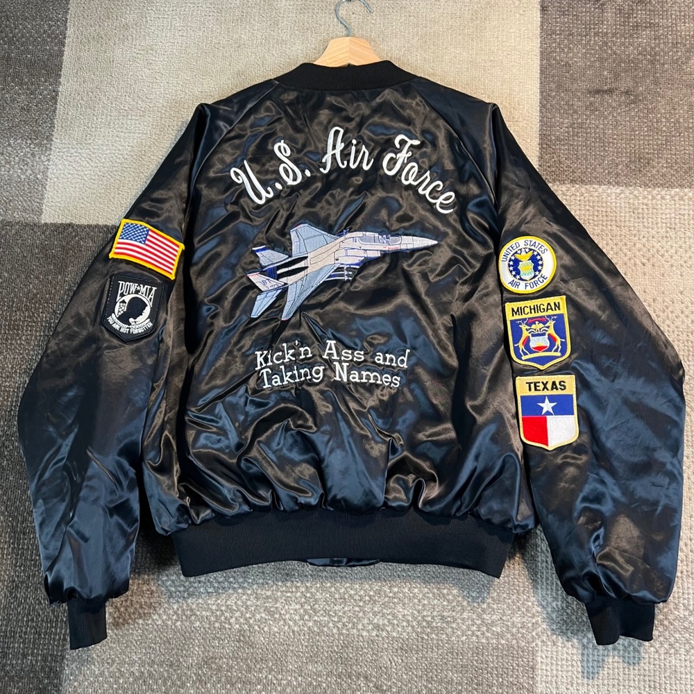 Vintage King Louie Souvenir US Air‎ Force Satin Bomber Jacket Black Mens XL USA